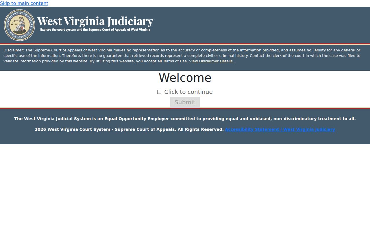West Virginia Magistrate Case Record Search entry screen for Braxton County court cases