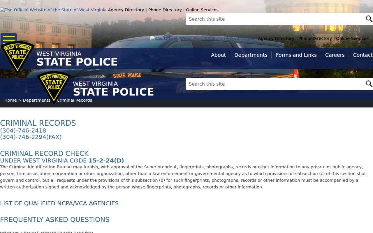 Braxton County criminal history route through West Virginia State Police CIB