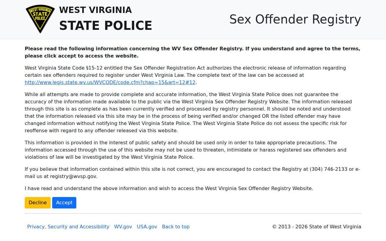 Lawful-use warning for Braxton County sex offender registry records
